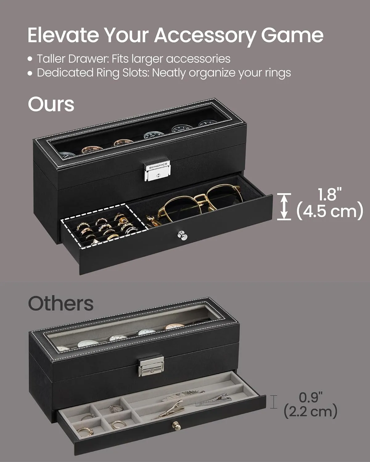 Case with Glass Lid, 2 Layers, with 1 Drawer for Rings, Bracelets, Gift Idea, Black Synthetic Leather, receptive exportation shake perquisite Black Lining UJWB060B02 SONGMICS 6-Slot Watch Box, Lockable Watch 