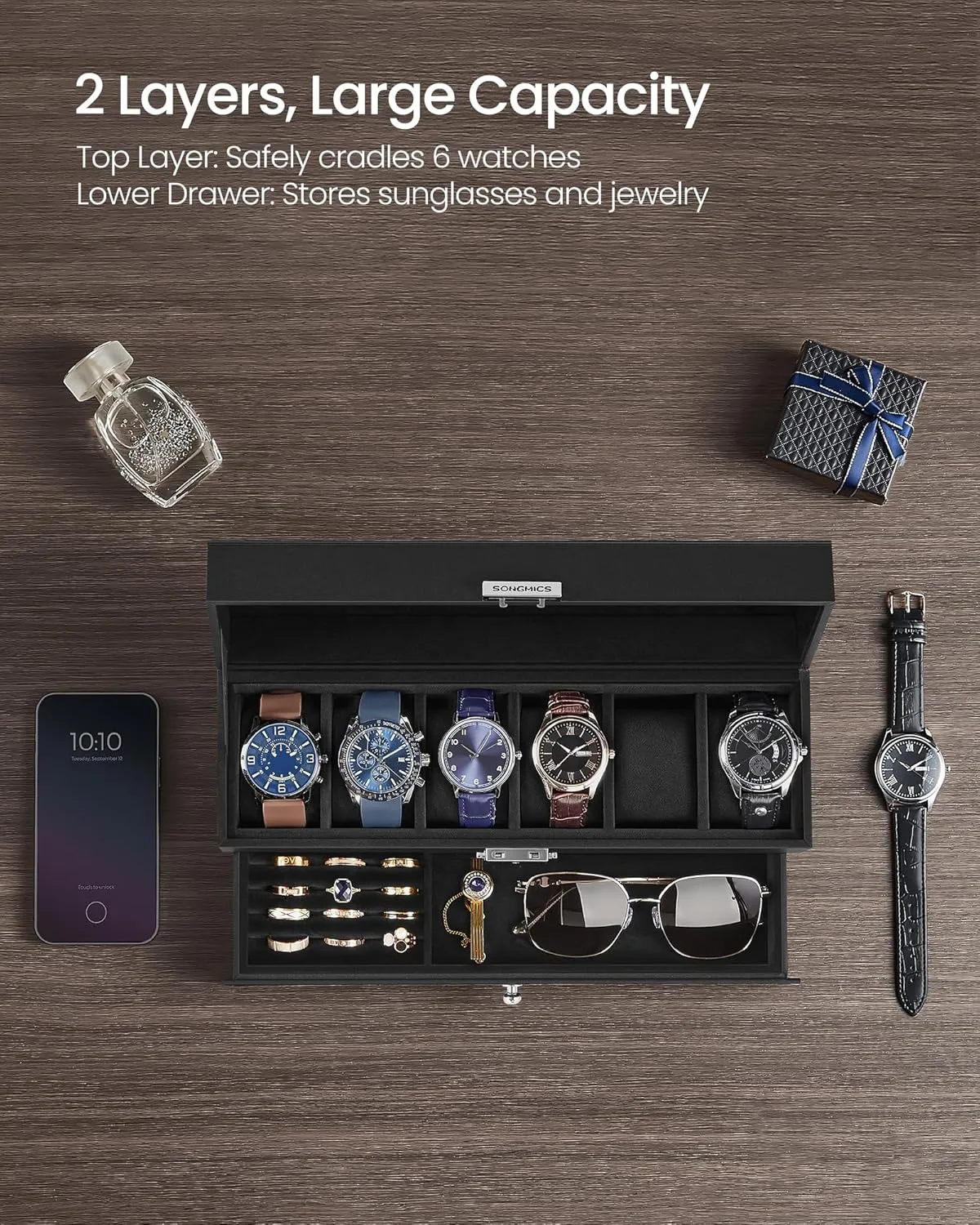 Case with Glass Lid, 2 Layers, with 1 Drawer for Rings, Bracelets, Gift Idea, Black Synthetic Leather, receptive exportation shake perquisite Black Lining UJWB060B02 SONGMICS 6-Slot Watch Box, Lockable Watch 