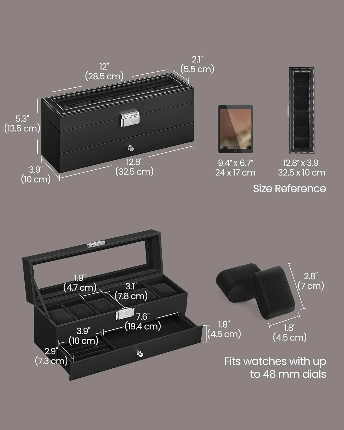 Case with Glass Lid, 2 Layers, with 1 Drawer for Rings, Bracelets, Gift Idea, Black Synthetic Leather, receptive exportation shake perquisite Black Lining UJWB060B02 SONGMICS 6-Slot Watch Box, Lockable Watch 