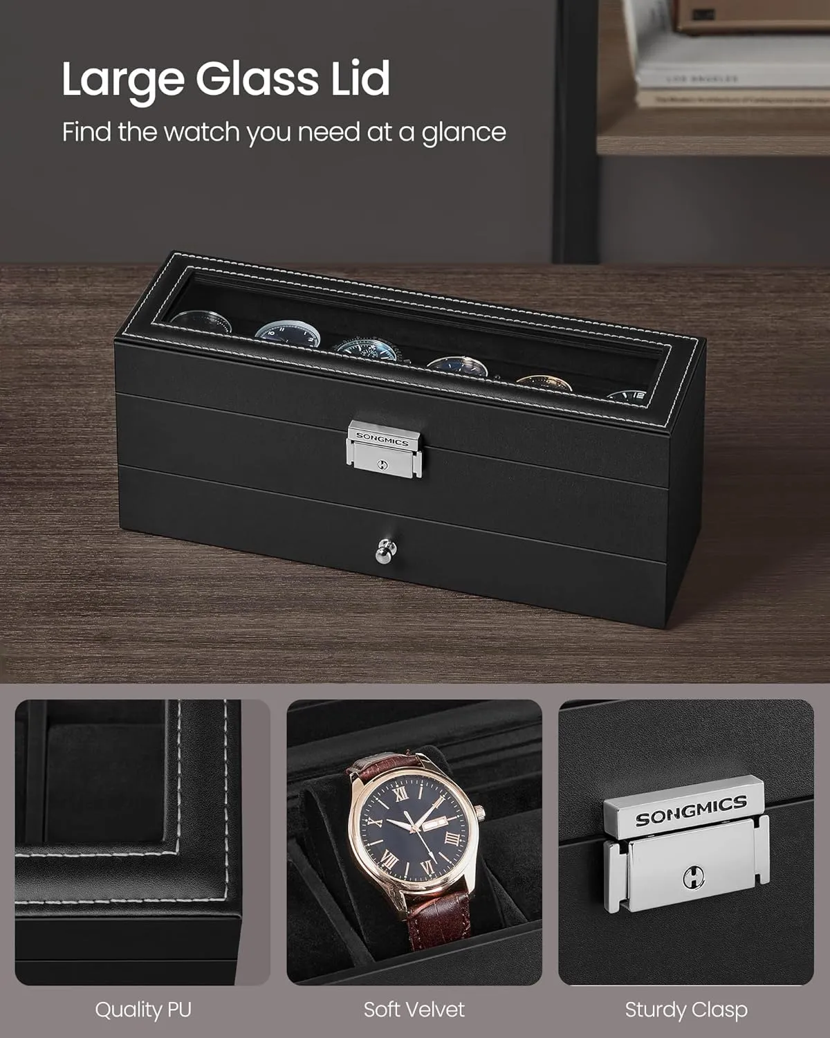 Case with Glass Lid, 2 Layers, with 1 Drawer for Rings, Bracelets, Gift Idea, Black Synthetic Leather, receptive exportation shake perquisite Black Lining UJWB060B02 SONGMICS 6-Slot Watch Box, Lockable Watch 