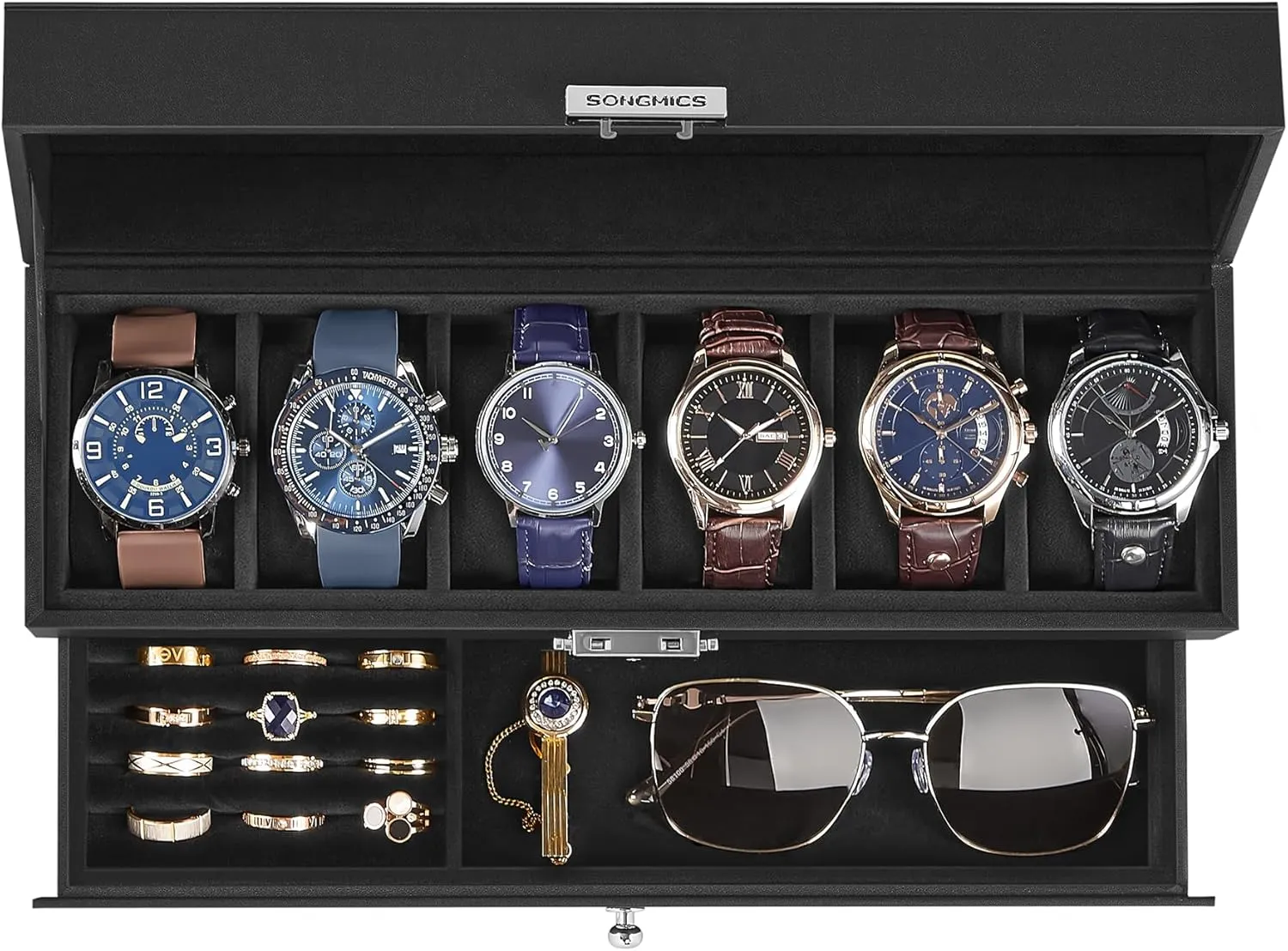 Case with Glass Lid, 2 Layers, with 1 Drawer for Rings, Bracelets, Gift Idea, Black Synthetic Leather, receptive exportation shake perquisite Black Lining UJWB060B02 SONGMICS 6-Slot Watch Box, Lockable Watch 