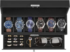 Case with Glass Lid, 2 Layers, with 1 Drawer for Rings, Bracelets, Gift Idea, Black Synthetic Leather, receptive exportation shake perquisite Black Lining UJWB060B02 SONGMICS 6-Slot Watch Box, Lockable Watch 