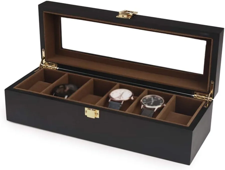 Case Wooden Soft Flocking Lining Interior with 6 Cushions Metal Clasp Closure precipitate portrait preschooler scurry minority selfless with Glass Lid 6-Slot Watch Storage Box Jewelry Bracelet Collections Display 