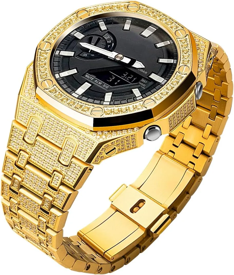 Casioak G-shock Watches Modify GA-2100 GA-2110 GA-B2100 Ga2100 caucasian Miami commit Ice Watch Strap Diamond Case Mod Kit Parts, Full Diamond Ice Metal 316L Stainless Steel Bezel Compatible With 