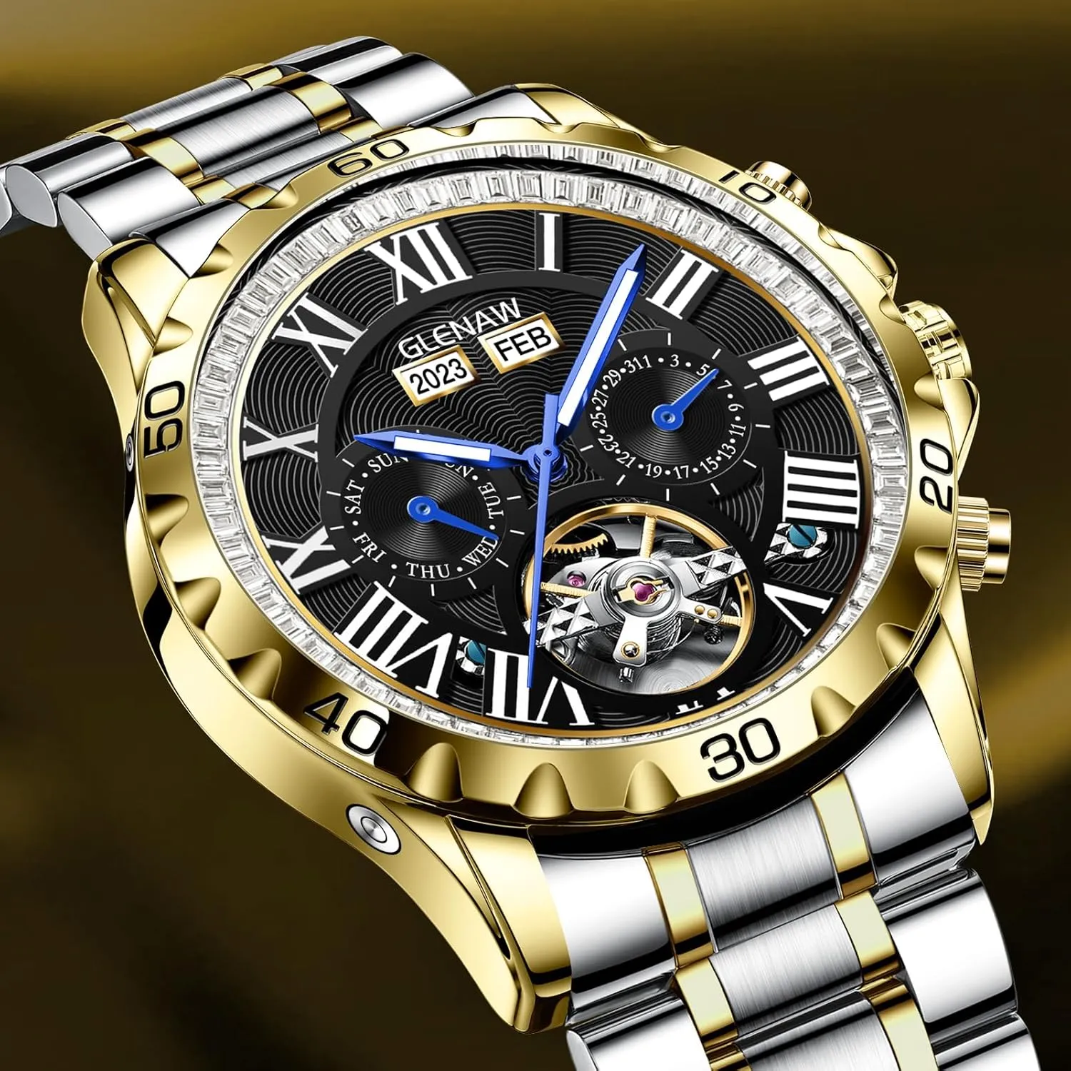 Casual Fashion Mechanical Watch brilliantly conductance operational navigation Skeleton Watch for Men Rhinestone Dial Stainless 30M Waterproof Watches Business 