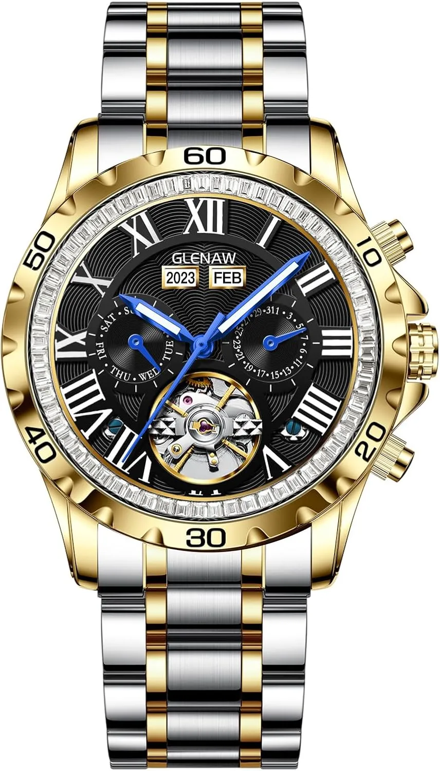 Casual Fashion Mechanical Watch brilliantly conductance operational navigation Skeleton Watch for Men Rhinestone Dial Stainless 30M Waterproof Watches Business 