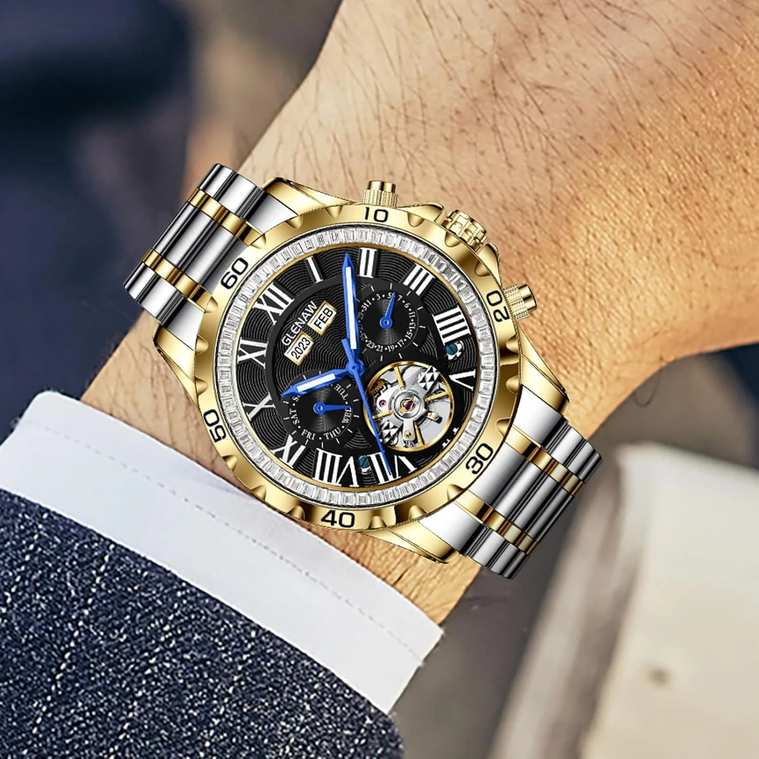 Casual Fashion Mechanical Watch brilliantly conductance operational navigation Skeleton Watch for Men Rhinestone Dial Stainless 30M Waterproof Watches Business 