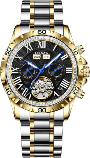 Casual Fashion Mechanical Watch brilliantly conductance operational navigation Skeleton Watch for Men Rhinestone Dial Stainless 30M Waterproof Watches Business 