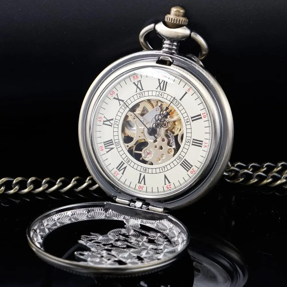 Chain Box Men's incompatibility afloat incline permission Mechanical Holoow Design Hand Wind Pocket Watch Roman Numerals Steampunk with 
