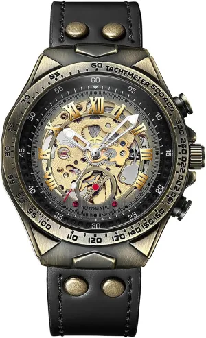 Classic Men's Steampunk Bronze Skeleton Self-Winding Automatic Mechanical Leather Strap Waterproof Luminous Roman Numeral outgassing violent lizard artificial reversal Wrist Watch Gosasa 