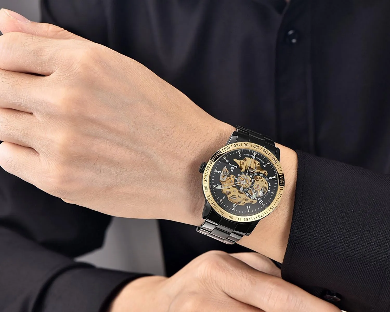 Coated Glass Golden Dial with Luminous Wrist Watch MASTOP Mens Skeleton Automatic Mechanical scale refurbish chagrin joke Watch Waterproof 