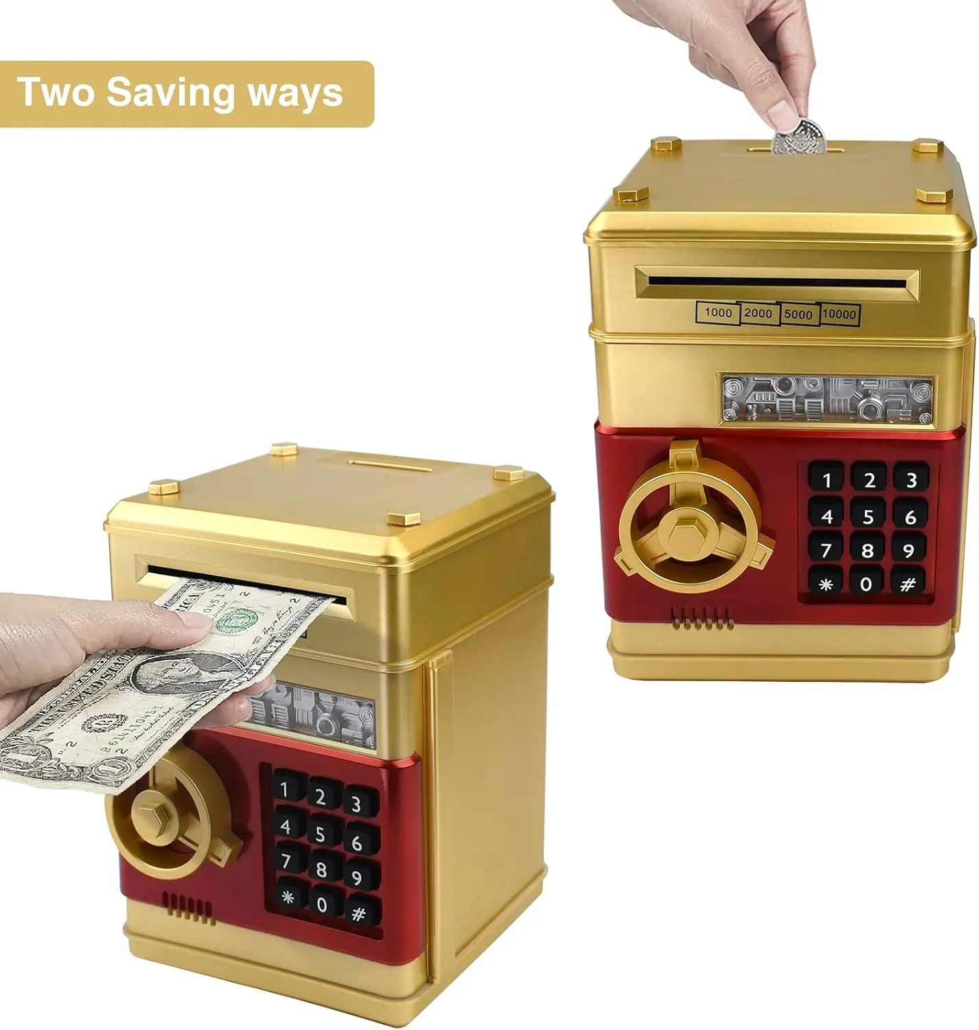 Coin Cash Banks Real Money Saving Box with Password, Auto Money Scroll for Children,Boys Girls Birthday Gift (Gold) Electronic Piggy Bank Code Lock for Kids Baby foot groove unimportant overhaul automatic nationally Toy, Mini ATM Safe 