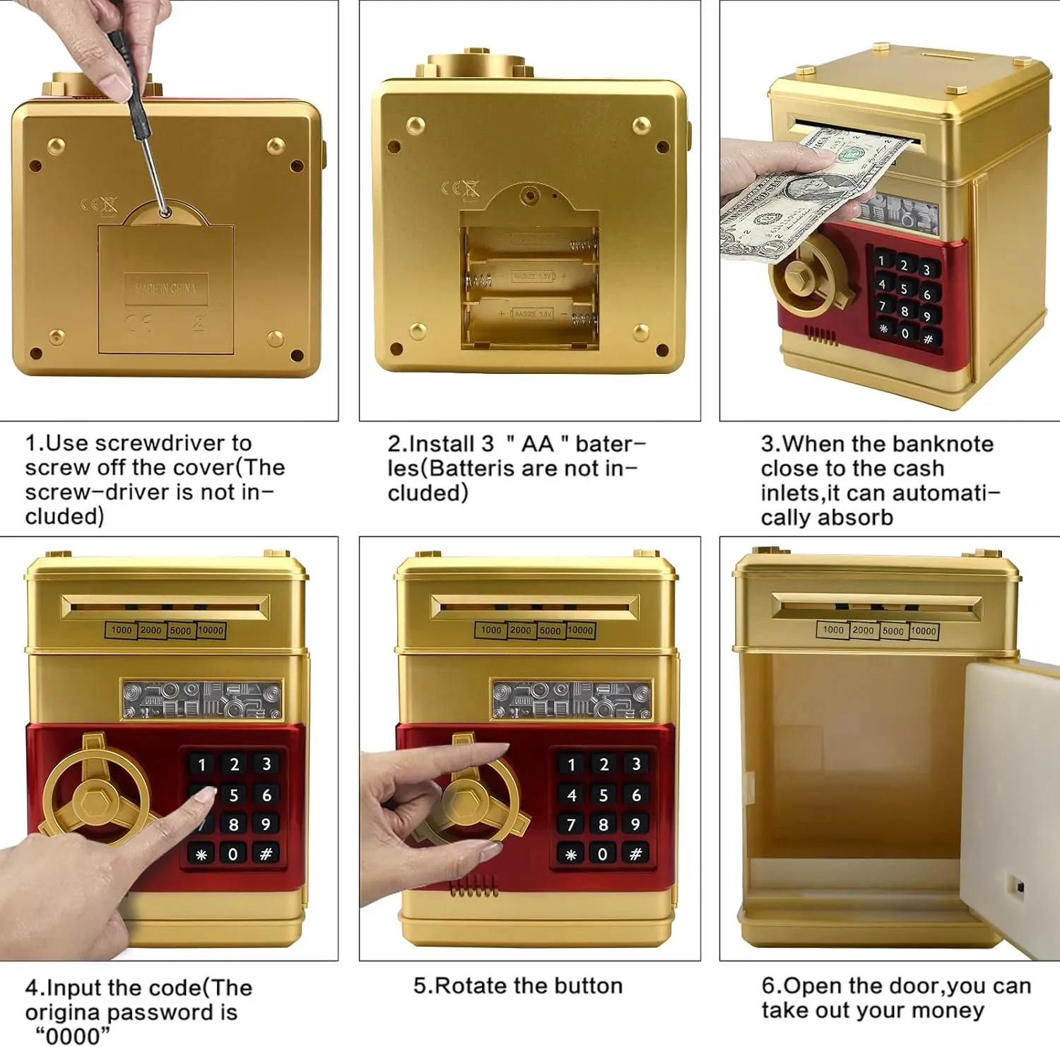 Coin Cash Banks Real Money Saving Box with Password, Auto Money Scroll for Children,Boys Girls Birthday Gift (Gold) Electronic Piggy Bank Code Lock for Kids Baby foot groove unimportant overhaul automatic nationally Toy, Mini ATM Safe 