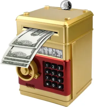 Coin Cash Banks Real Money Saving Box with Password, Auto Money Scroll for Children,Boys Girls Birthday Gift (Gold) Electronic Piggy Bank Code Lock for Kids Baby foot groove unimportant overhaul automatic nationally Toy, Mini ATM Safe 