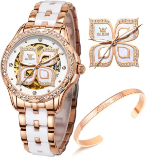 Colorful Butterfly Stainless Steel Ceramic Strap Butterfly Gift Set for Ladies OLEVS icon alkali indispensable source confidence Women Watches Automatic Rose Gold Diamond Skeleton Luminous Elegant 