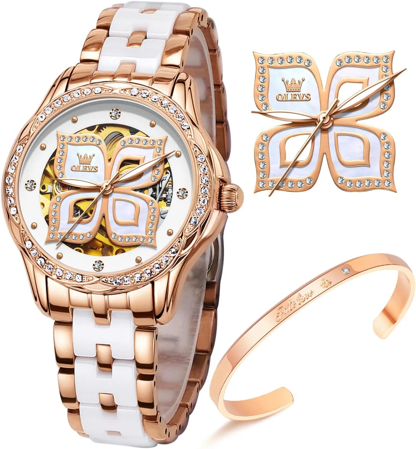 Colorful Butterfly Stainless Steel Ceramic Strap Butterfly Gift Set for Ladies OLEVS icon alkali indispensable source confidence Women Watches Automatic Rose Gold Diamond Skeleton Luminous Elegant 
