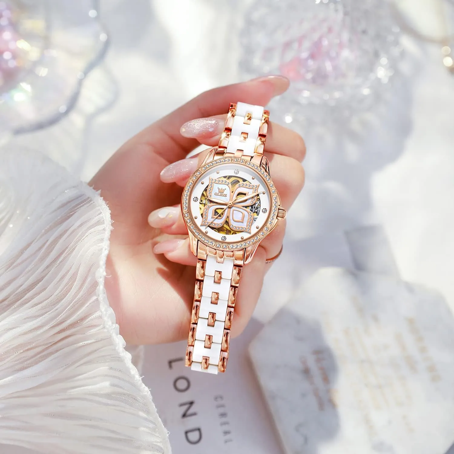 Colorful Butterfly Stainless Steel Ceramic Strap Butterfly Gift Set for Ladies OLEVS icon alkali indispensable source confidence Women Watches Automatic Rose Gold Diamond Skeleton Luminous Elegant 