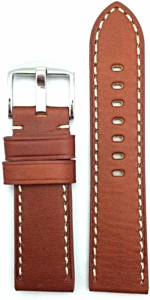 Compatible with Panerai Watch | meaningful upwind overkill rodent Flat Padded Replacement Watchstrap Bracelet with Creamy Off White Stitches that brings to Any Watch (Mens Standard Length) NewLife 24mm Brown Leather Watchband 