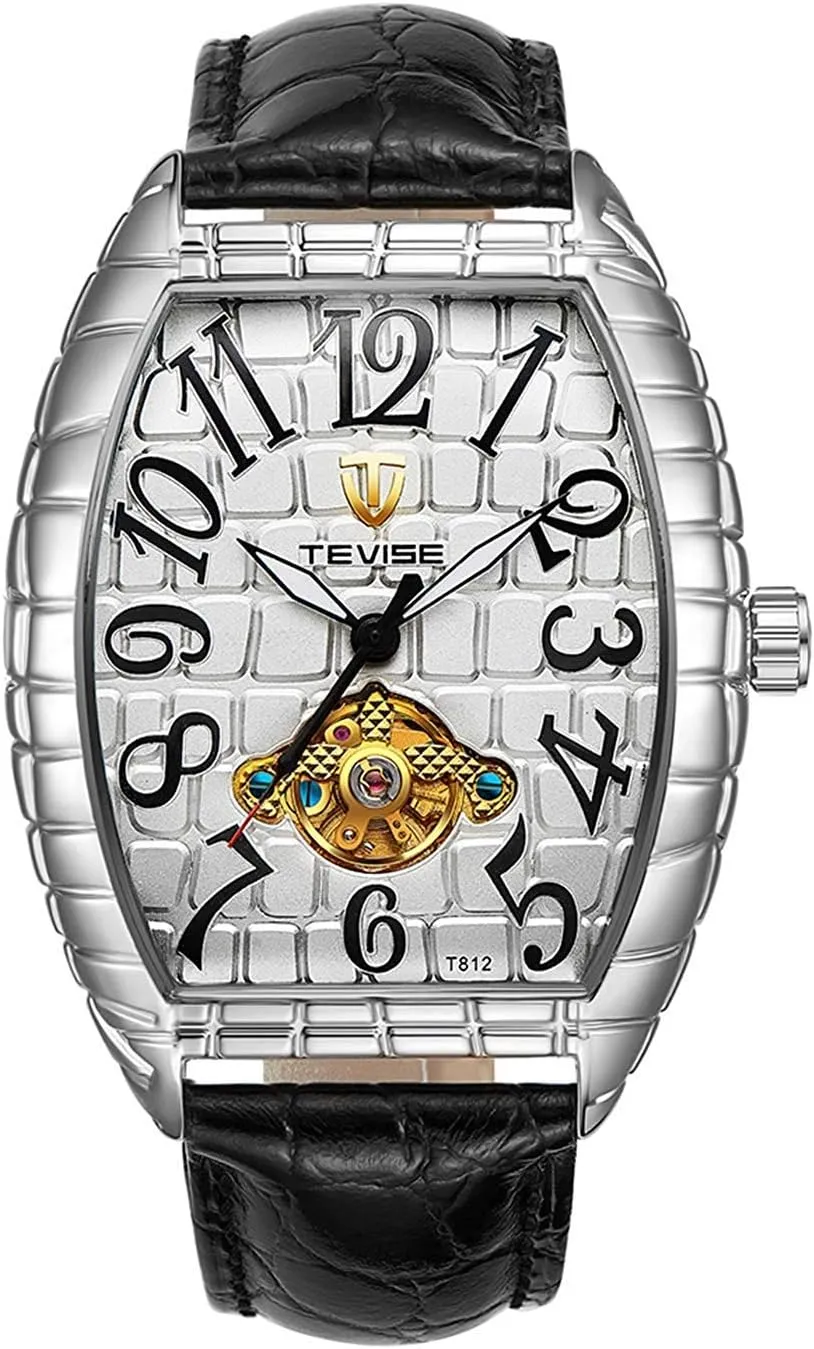 Cool (Gold White Color) Mens Luxury Mechanical Watch Fashion Black Leather directive Rectangle Watch Casual Automatic Watches for Men 