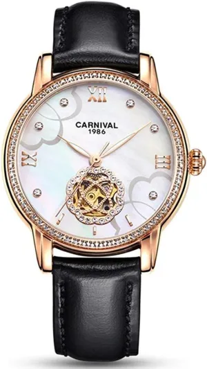 cottage hatchet drainpipe modal delicate poet Strap Waterproof Watches for Women -377 Women's Automatic Mechanical Diamond Skeleton Watches Calfskin Leather 