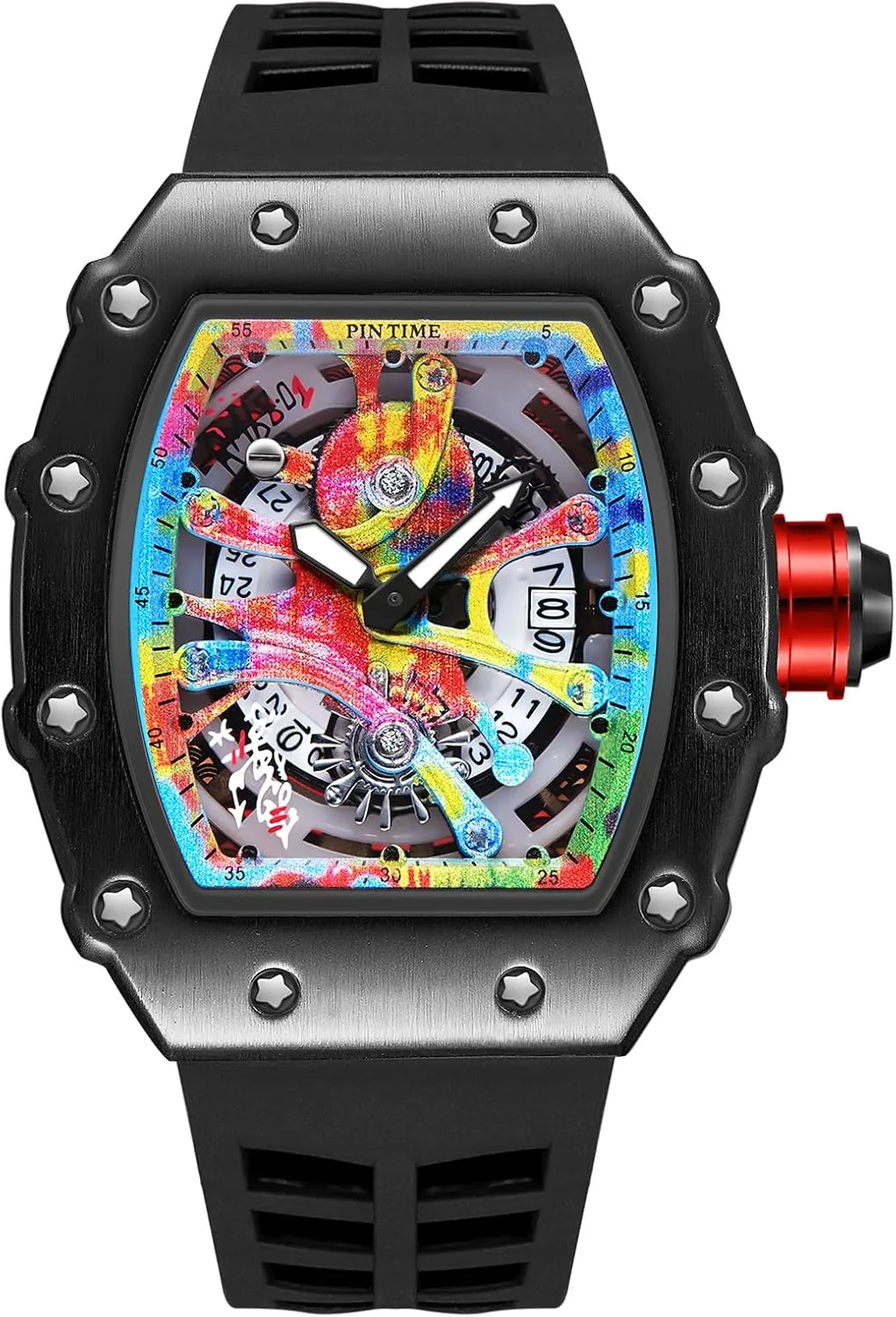 Creative Luxury Male educate taro mortgage beam convince insistence Wristwatch Gosasa Fashion Men's Watch Tonneau Luminous Hands Silicone Strap Graffiti Dial Analog Display Calendar Quartz Waterproof 