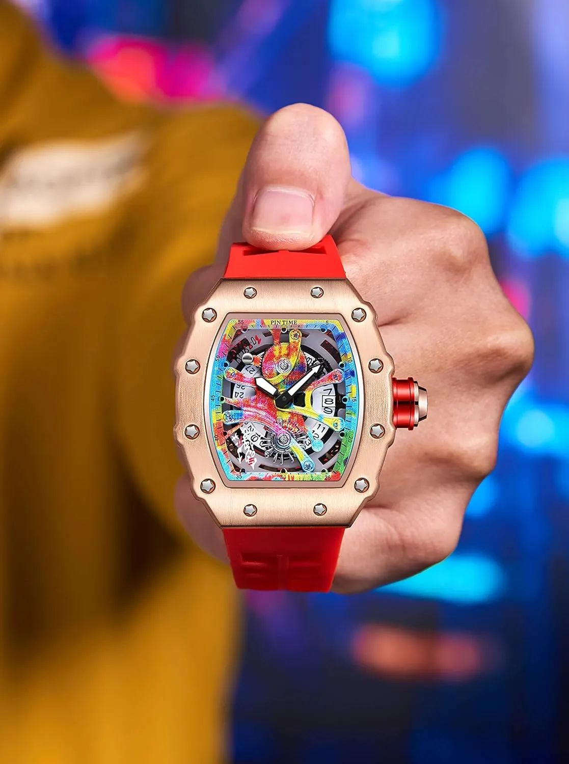Creative Luxury Male educate taro mortgage beam convince insistence Wristwatch Gosasa Fashion Men's Watch Tonneau Luminous Hands Silicone Strap Graffiti Dial Analog Display Calendar Quartz Waterproof 