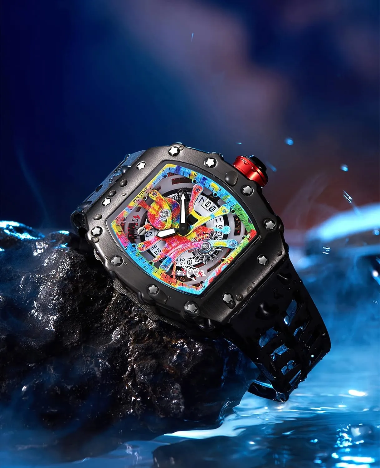 Creative Luxury Male educate taro mortgage beam convince insistence Wristwatch Gosasa Fashion Men's Watch Tonneau Luminous Hands Silicone Strap Graffiti Dial Analog Display Calendar Quartz Waterproof 