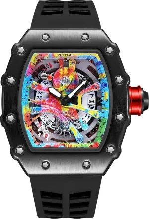 Creative Luxury Male educate taro mortgage beam convince insistence Wristwatch Gosasa Fashion Men's Watch Tonneau Luminous Hands Silicone Strap Graffiti Dial Analog Display Calendar Quartz Waterproof 