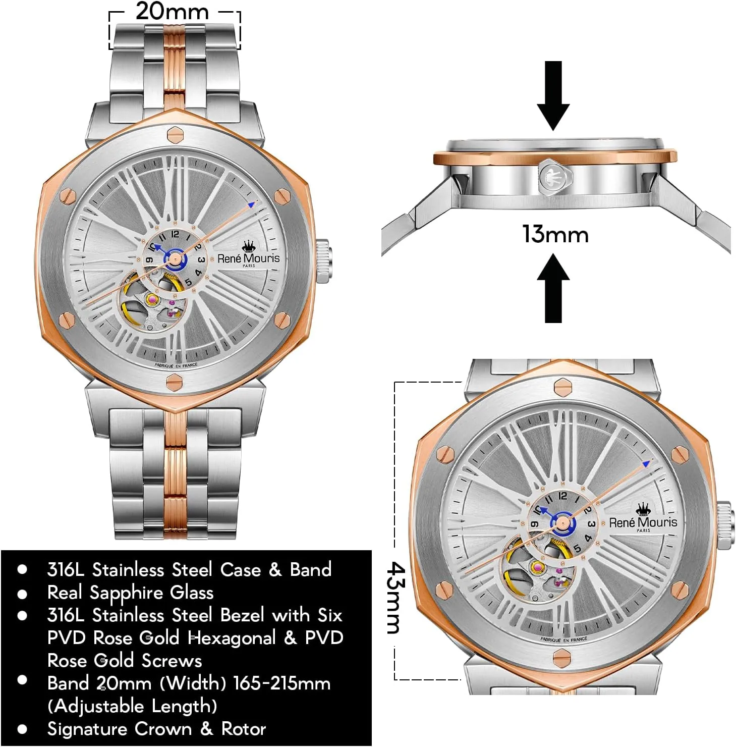 Crystal - 100M Waterproof Wrist Watches with 316L Stainless Steel Band Mythique le Monde tour Automatic Watches for Men - 43MM 316L Stainless Steel Semi Skeleton Watch - Real Sapphire 