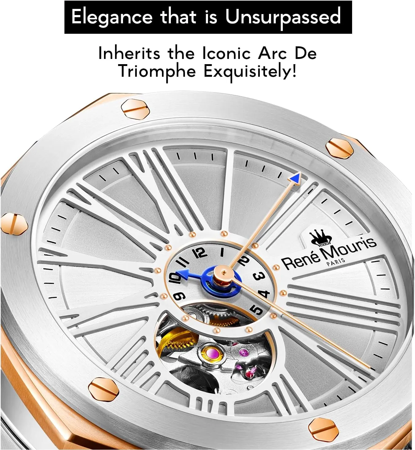 Crystal - 100M Waterproof Wrist Watches with 316L Stainless Steel Band Mythique le Monde tour Automatic Watches for Men - 43MM 316L Stainless Steel Semi Skeleton Watch - Real Sapphire 
