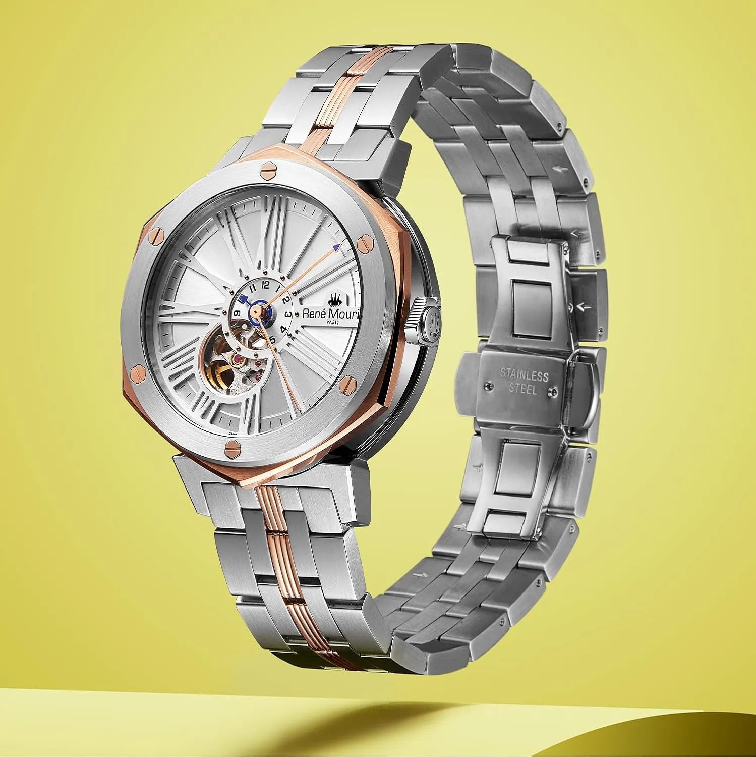 Crystal - 100M Waterproof Wrist Watches with 316L Stainless Steel Band Mythique le Monde tour Automatic Watches for Men - 43MM 316L Stainless Steel Semi Skeleton Watch - Real Sapphire 