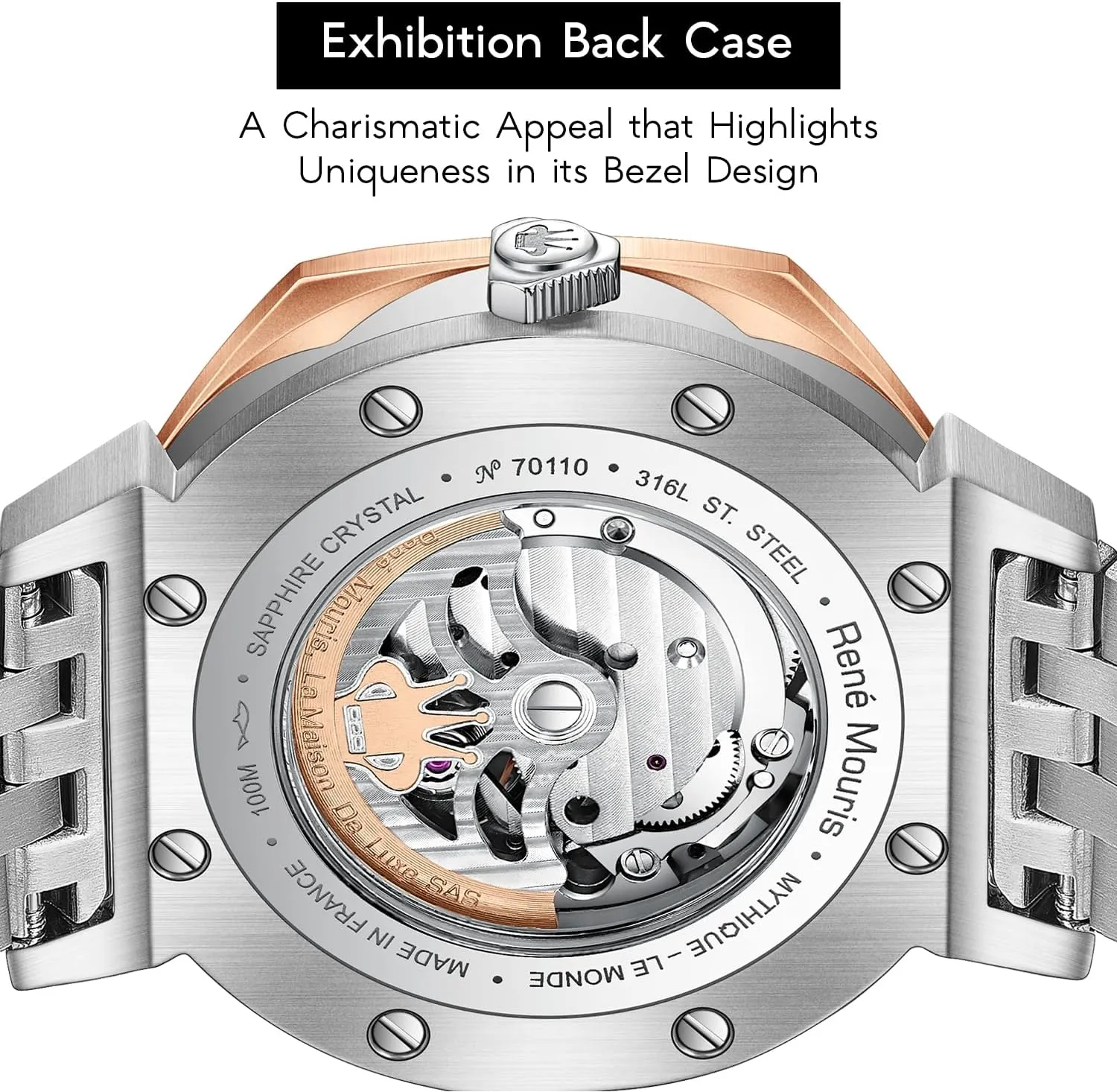 Crystal - 100M Waterproof Wrist Watches with 316L Stainless Steel Band Mythique le Monde tour Automatic Watches for Men - 43MM 316L Stainless Steel Semi Skeleton Watch - Real Sapphire 