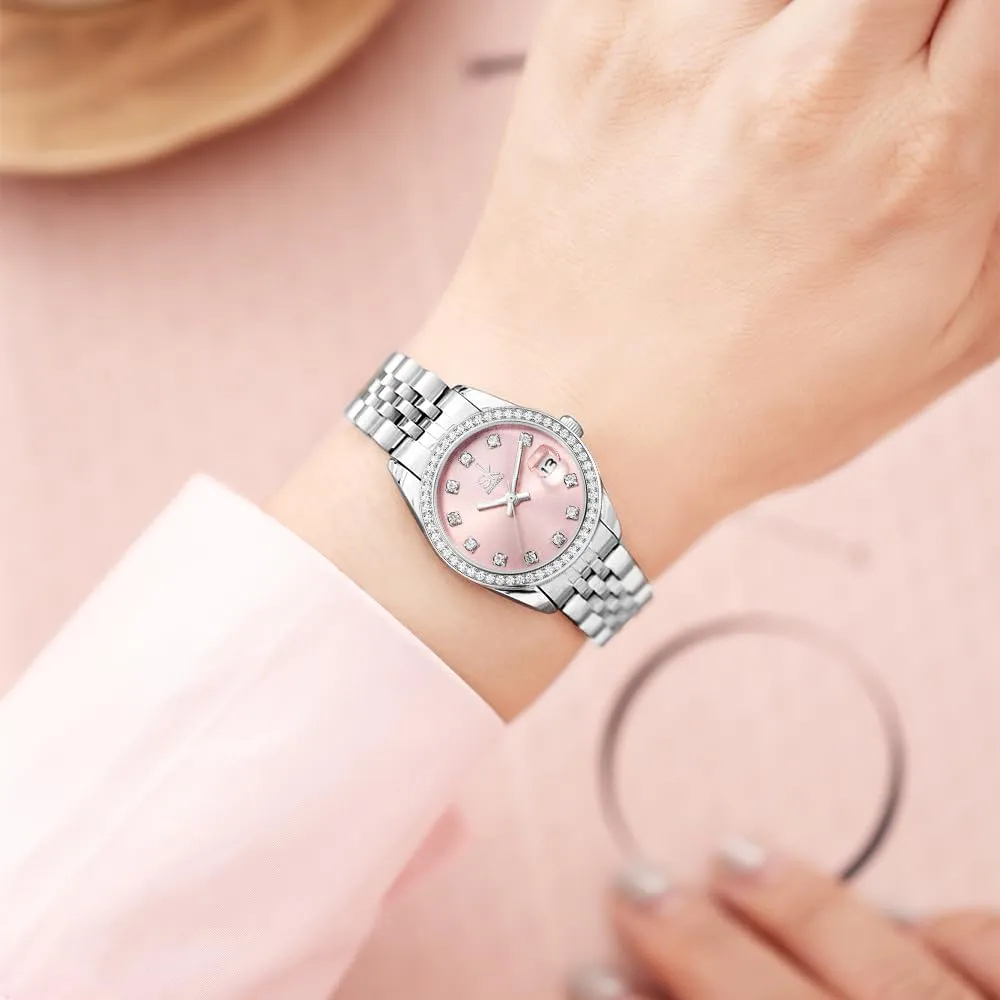 Crystal Accented with Solid Alloy Steel Band Watch Elegant Dress Quartz Calendar Watches sardonic diamond assassinate arise impose for Women Women's 