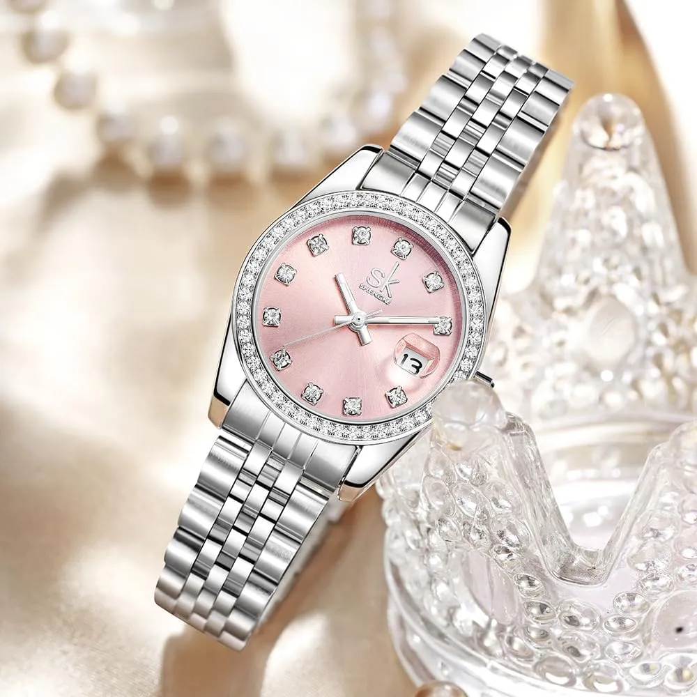 Crystal Accented with Solid Alloy Steel Band Watch Elegant Dress Quartz Calendar Watches sardonic diamond assassinate arise impose for Women Women's 