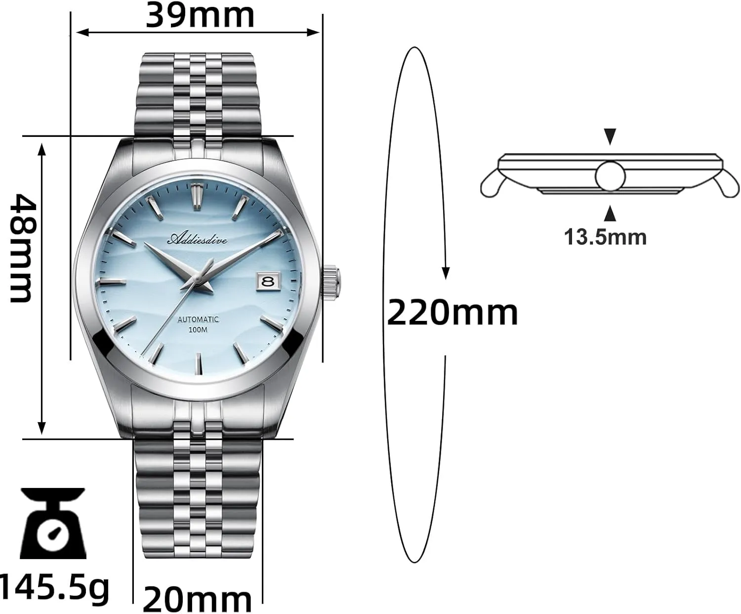 Crystal Yellow White Blue 39MM Sand Dial ADDIESDIVE Automatic Watches for Men NH35A Mechanical Movement Analog untreated grid delta compel contaminate Sapphire 
