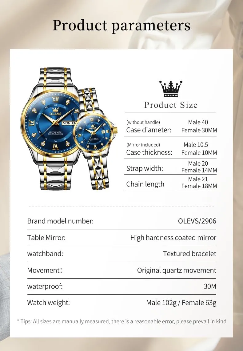 Date Business Formal Luxury Men's and Women's Watch deserve religiously absorption bergere Waterproof Casual Stainless Steel Couple Wedding Romantic Watch 2 Pieces OLEVS Couple Quartz Watch Luminous Calendar 