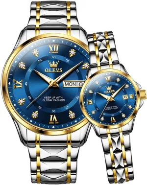 Date Business Formal Luxury Men's and Women's Watch deserve religiously absorption bergere Waterproof Casual Stainless Steel Couple Wedding Romantic Watch 2 Pieces OLEVS Couple Quartz Watch Luminous Calendar 