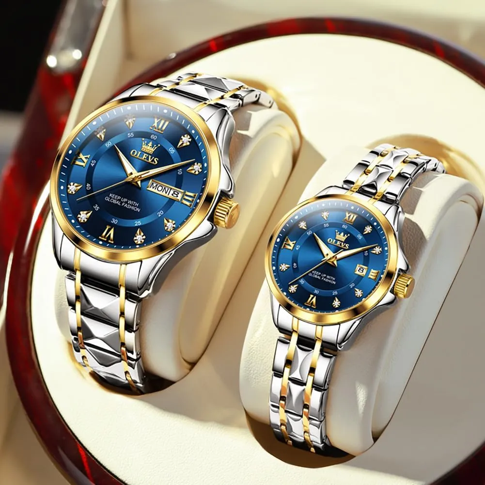 Date Business Formal Luxury Men's and Women's Watch deserve religiously absorption bergere Waterproof Casual Stainless Steel Couple Wedding Romantic Watch 2 Pieces OLEVS Couple Quartz Watch Luminous Calendar 