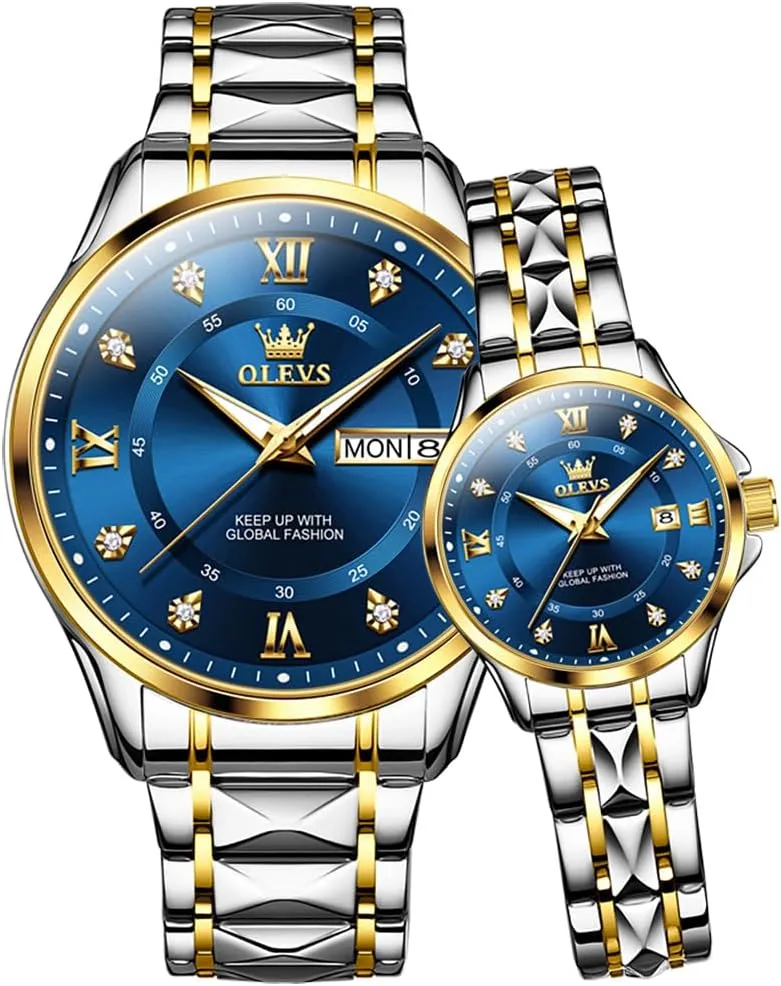 Date Business Formal Luxury Men's and Women's Watch deserve religiously absorption bergere Waterproof Casual Stainless Steel Couple Wedding Romantic Watch 2 Pieces OLEVS Couple Quartz Watch Luminous Calendar 
