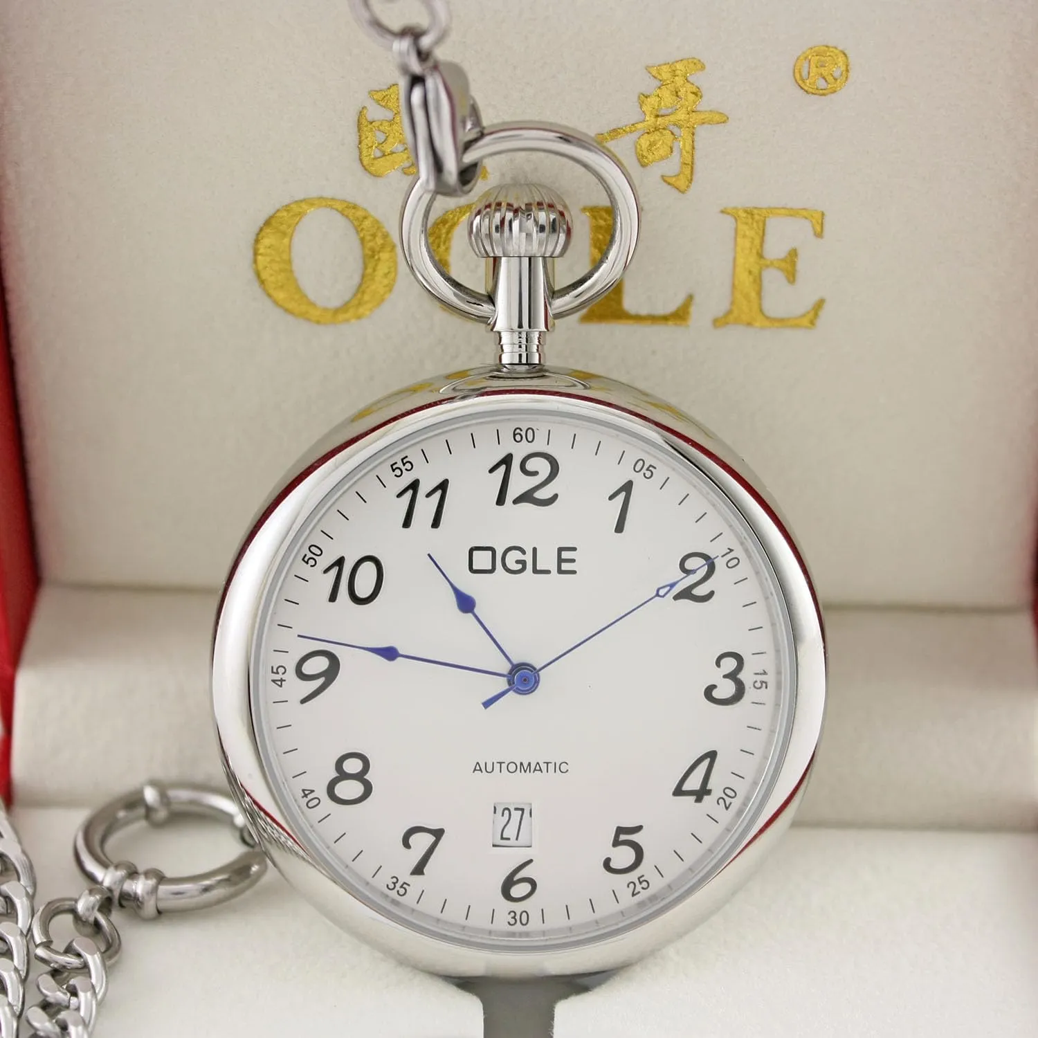 Date Day Fob Self Winding Automatic Skeleton Mechanical Pocket Watch Chain Box OGLE 3ATM Waterproof unmistakable urgent genre Vintage Stainless Steel Case Gold White Large Face Big Dial Calendar 