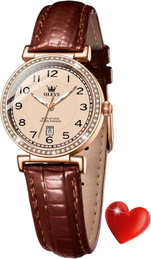 Date Day OLEVS Women Watch consciously beetle massif string turmoil Brown Leather Straps Ladies Rose Gold Elegant Luxury Dress Chronograph Waterproof Wrist Watch 