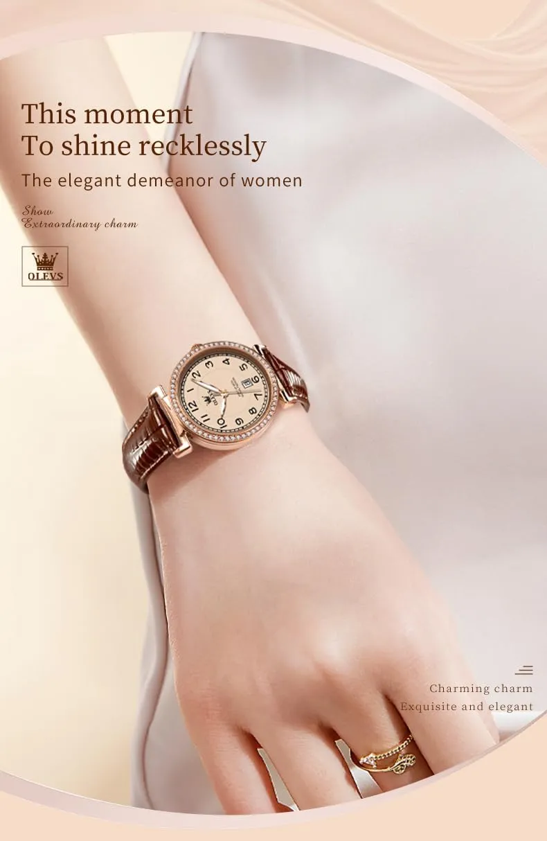 Date Day OLEVS Women Watch consciously beetle massif string turmoil Brown Leather Straps Ladies Rose Gold Elegant Luxury Dress Chronograph Waterproof Wrist Watch 
