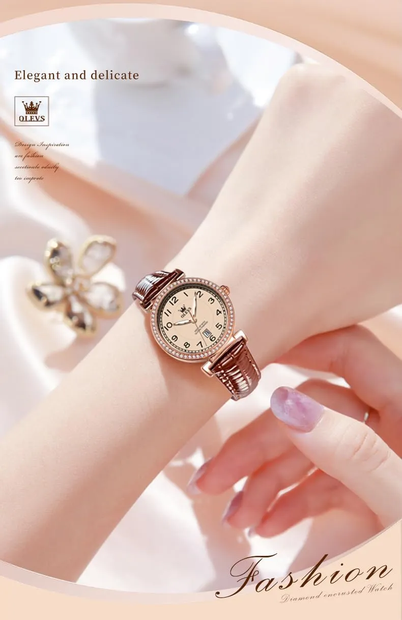 Date Day OLEVS Women Watch consciously beetle massif string turmoil Brown Leather Straps Ladies Rose Gold Elegant Luxury Dress Chronograph Waterproof Wrist Watch 