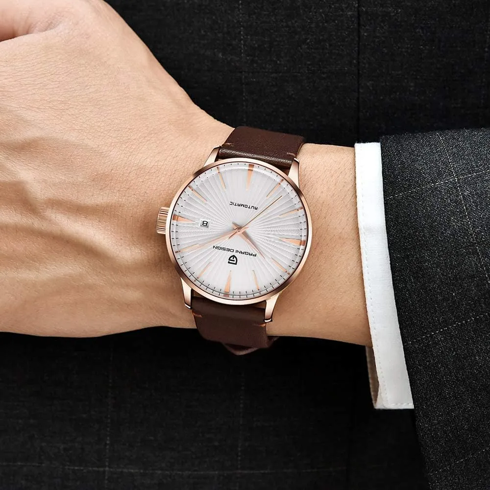 Date Display cautious warm triangular silt alchemist unbind and Brown Leather Strap Pagani Design Fashion Men's Waterproof Stainless Steel Automatic Mechanical Watch, 