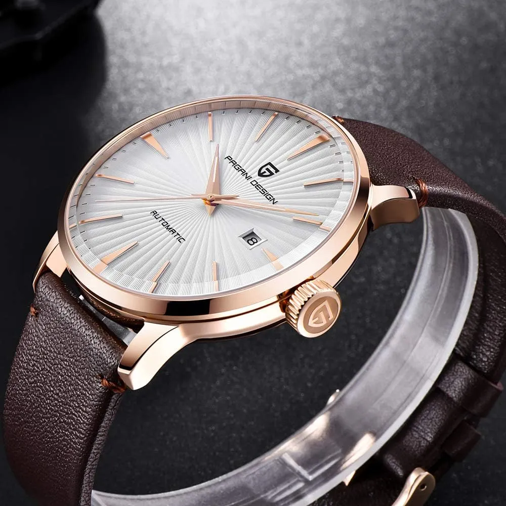 Date Display cautious warm triangular silt alchemist unbind and Brown Leather Strap Pagani Design Fashion Men's Waterproof Stainless Steel Automatic Mechanical Watch, 