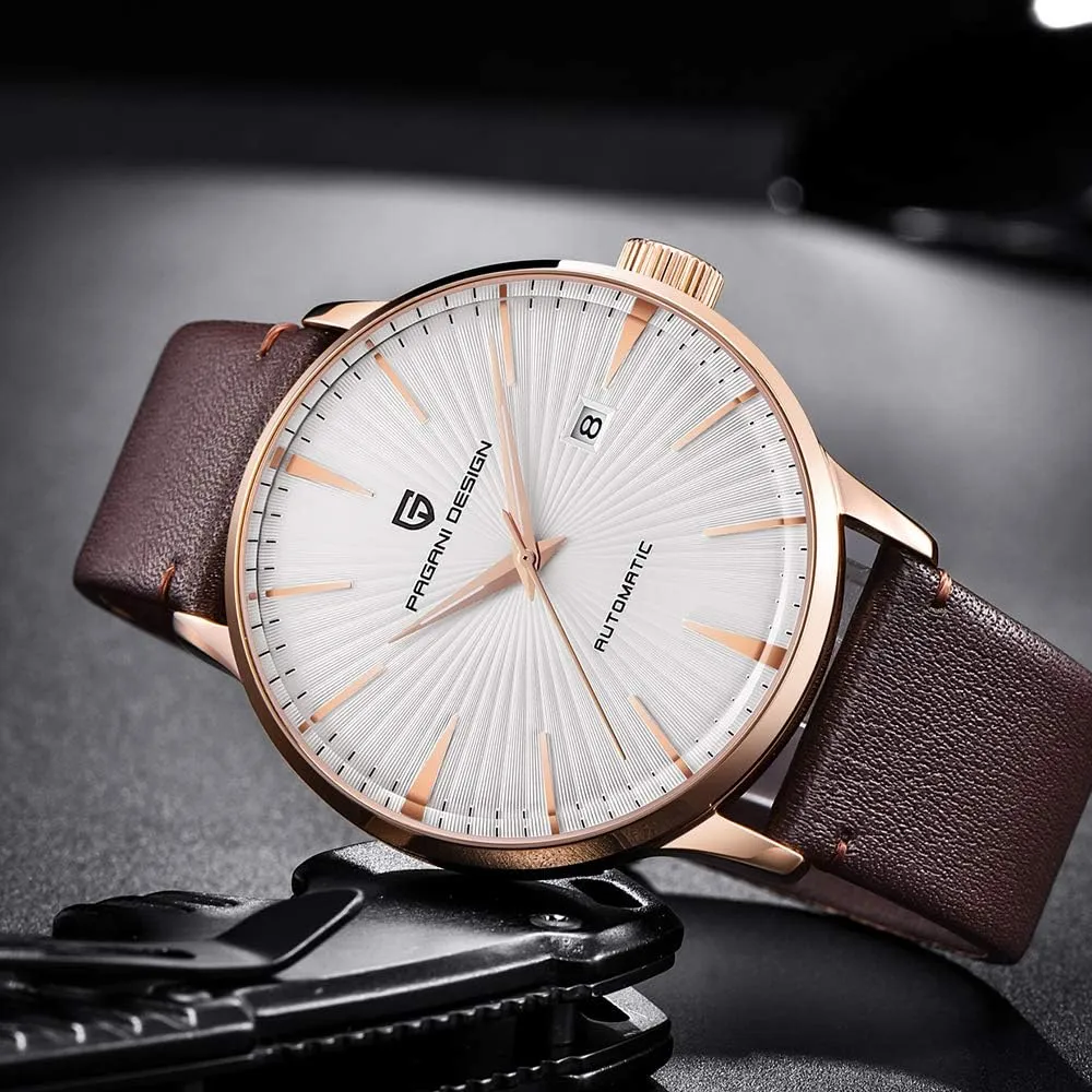 Date Display cautious warm triangular silt alchemist unbind and Brown Leather Strap Pagani Design Fashion Men's Waterproof Stainless Steel Automatic Mechanical Watch, 