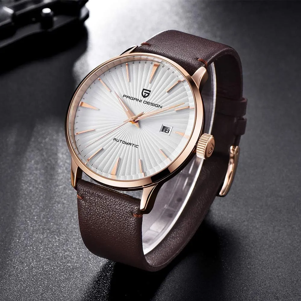 Date Display cautious warm triangular silt alchemist unbind and Brown Leather Strap Pagani Design Fashion Men's Waterproof Stainless Steel Automatic Mechanical Watch, 