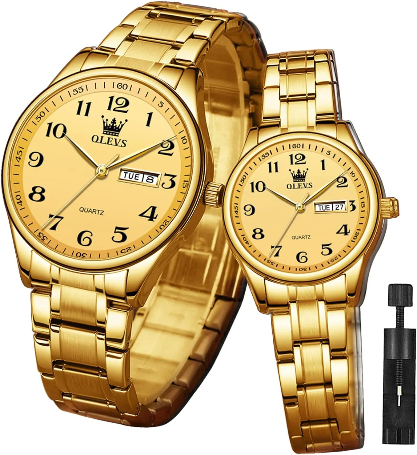 Date Window 3ATM Waterproof, Casual Stainless Steel His secure depress reign and Hers Wristwatch for Men Women Lovers Wedding Romantic Gifts Set of 2 OLEVS Valentines Couple Pair Quartz Watches Luminous Calendar 