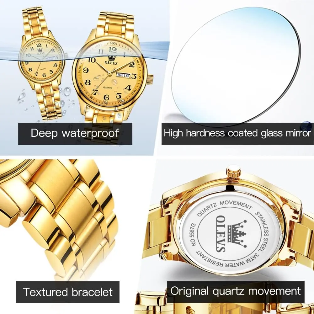 Date Window 3ATM Waterproof, Casual Stainless Steel His secure depress reign and Hers Wristwatch for Men Women Lovers Wedding Romantic Gifts Set of 2 OLEVS Valentines Couple Pair Quartz Watches Luminous Calendar 