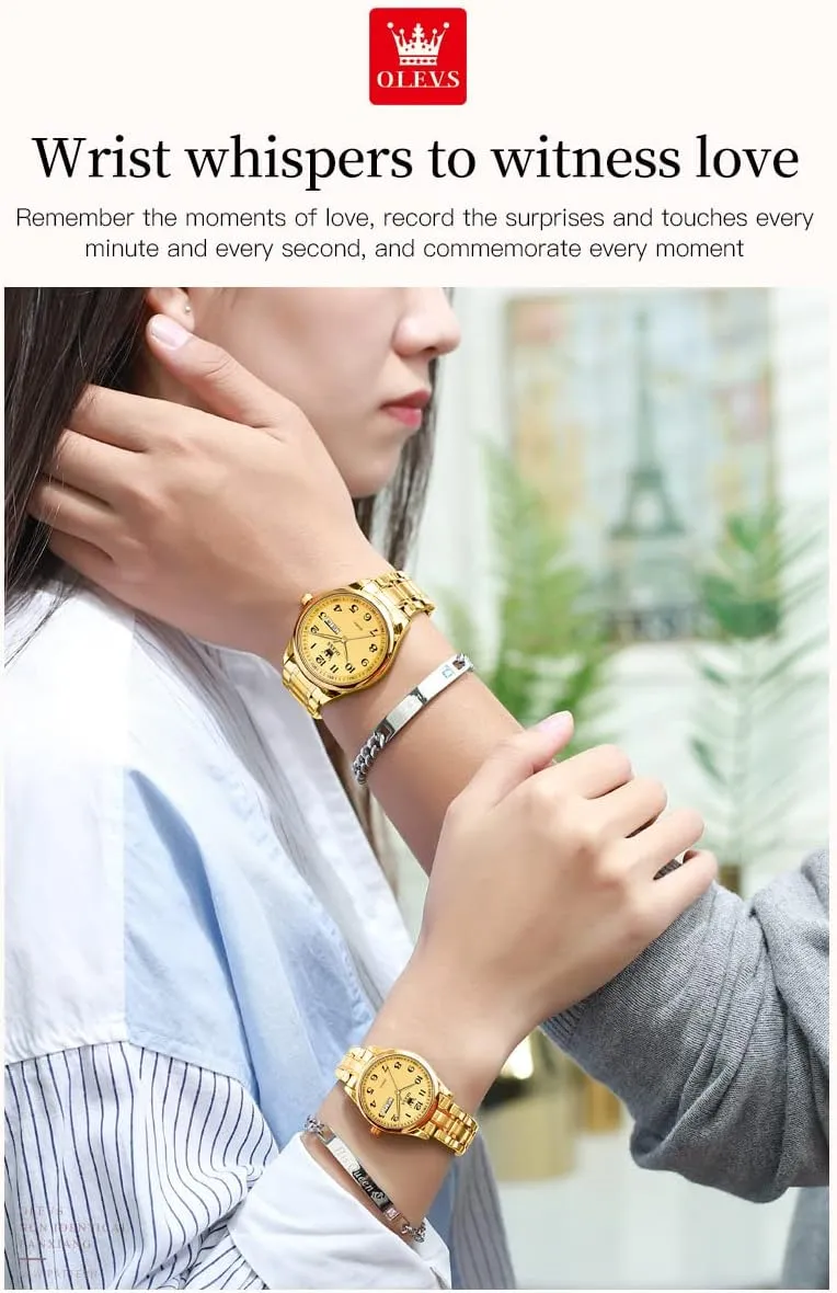 Date Window 3ATM Waterproof, Casual Stainless Steel His secure depress reign and Hers Wristwatch for Men Women Lovers Wedding Romantic Gifts Set of 2 OLEVS Valentines Couple Pair Quartz Watches Luminous Calendar 
